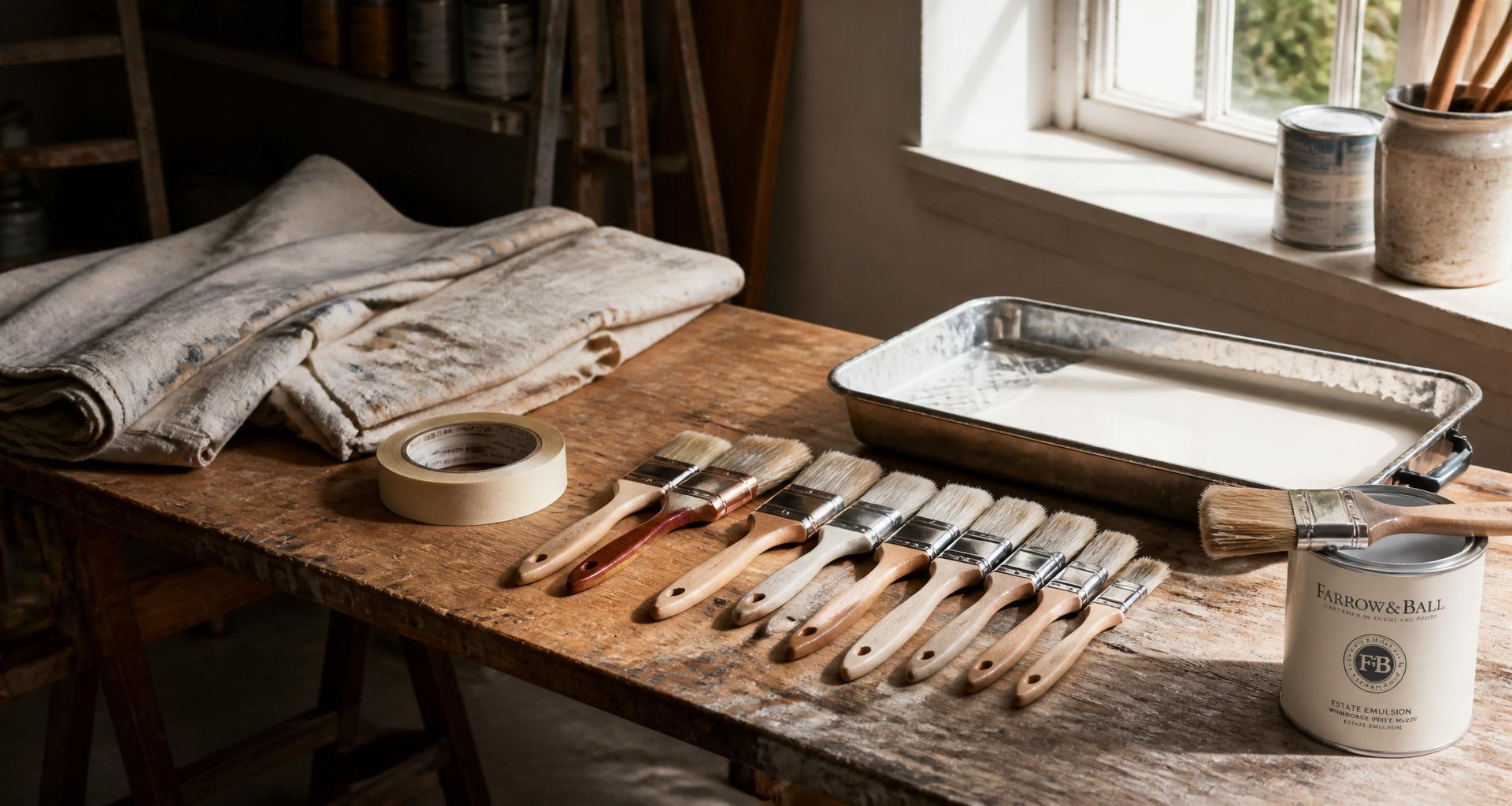 Professional painter's workshop bench with brushes, tape and drop cloths in natural window light