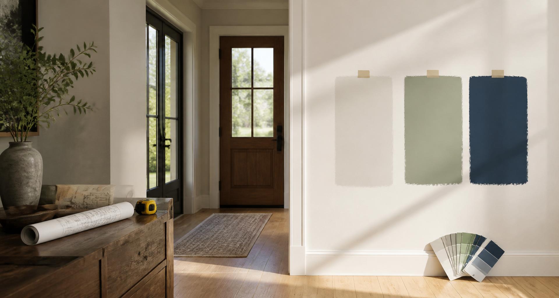 Home entryway wall with painted color swatches, fan-deck and tape measure in natural sunlight